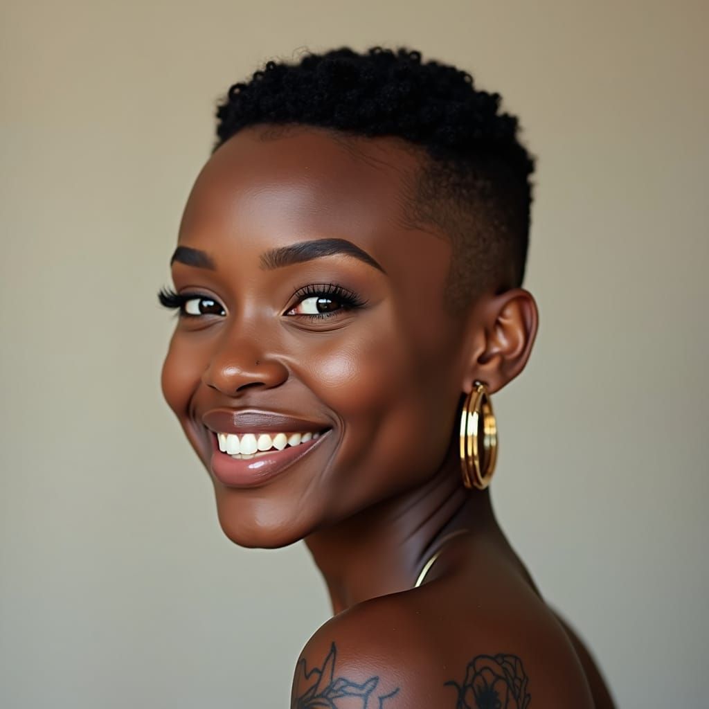 Smiling African Woman with Tattoos and Hoop Earrings