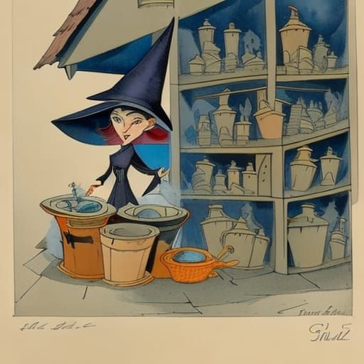 Witch at medieval market stall sells magic ingredients