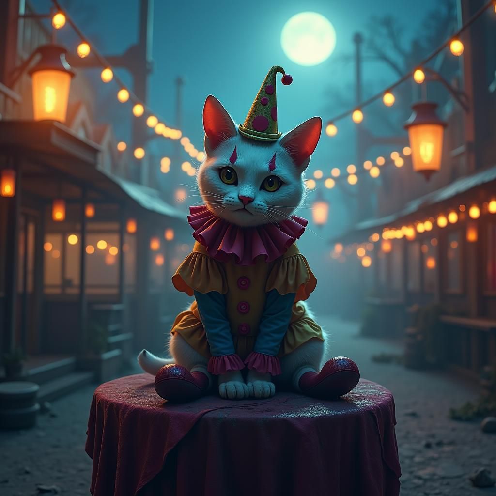 Sad Clown Cat in Abandoned Carnival, Fantasy Art