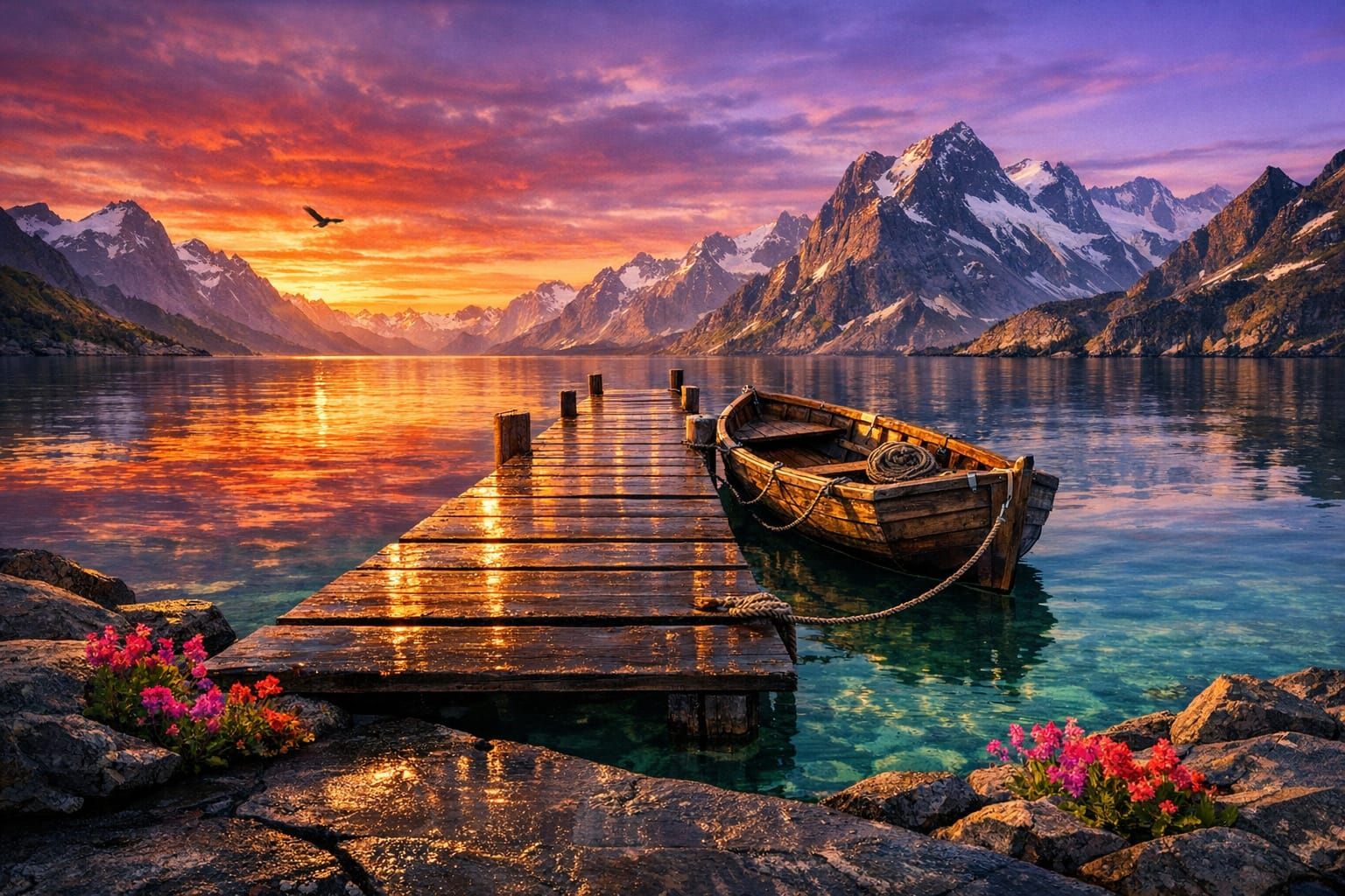 Alpine Cove at Dawn: Pier, Boat, and Reflecting Sky