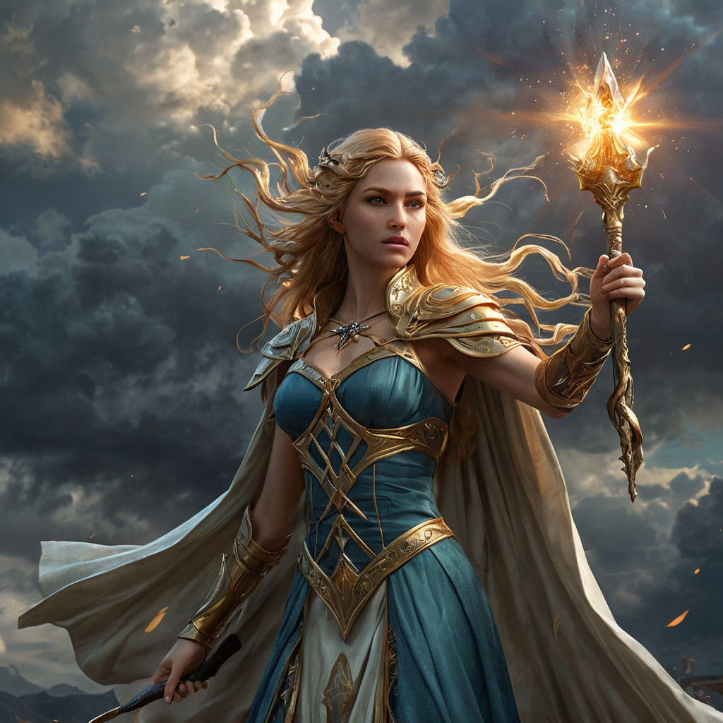 Ethereal Elf Maiden Stands Tall on Foreboding Cloudy Horizon...