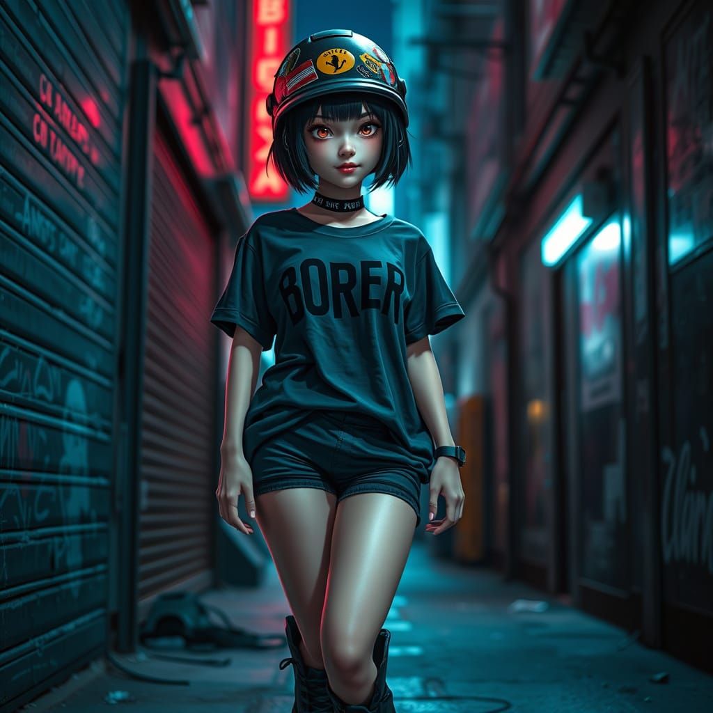 Female Rebel in Neon-Lit Urban Alley