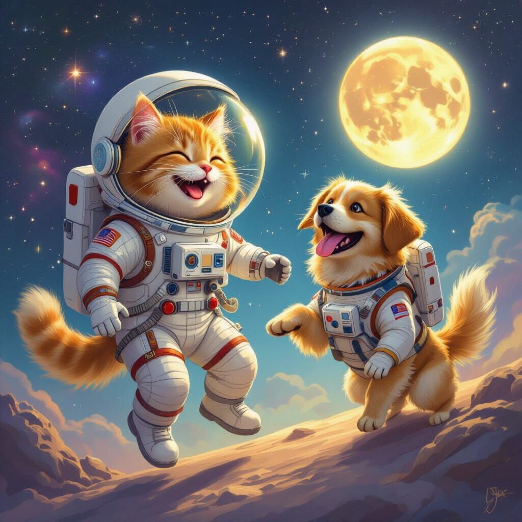 Cat and Dog Astronauts Laughing on Moon Journey