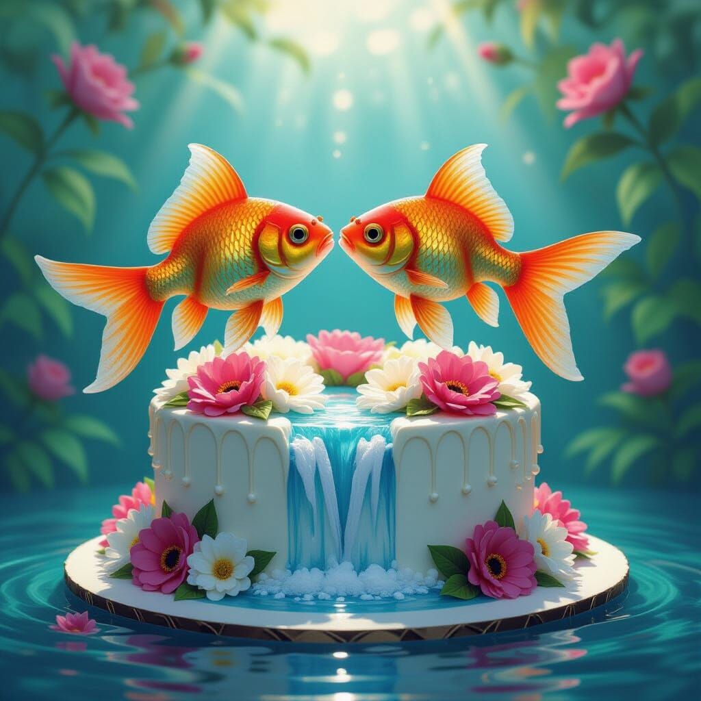 Waterfall Cake with Kissing Goldfish: Surreal Digital Art