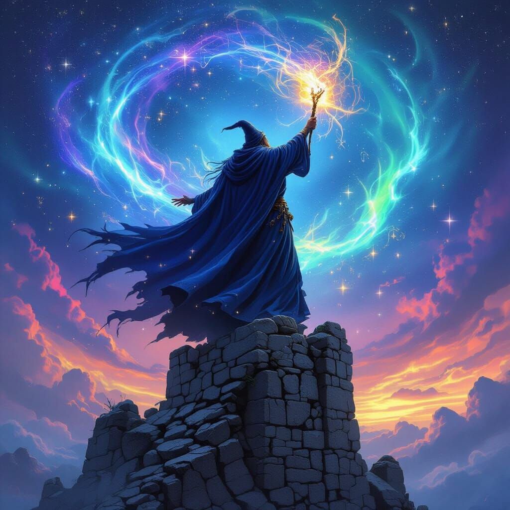 Wizard Conjuring Magic on Tower Under Aurora