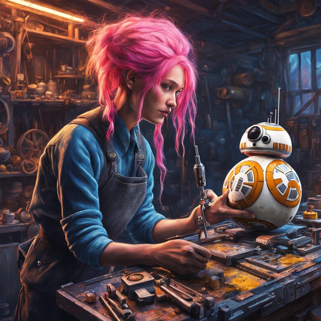 Cyborg Mechanic Repairs BB-8: Impressionist Style