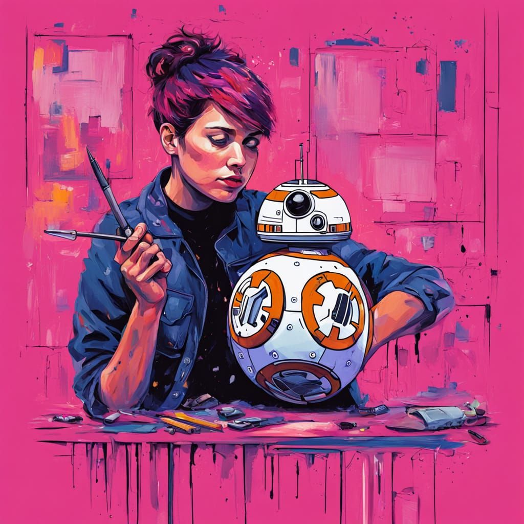 Cyborg Mechanic Repairs BB-8 Droid as Impressionist Painting