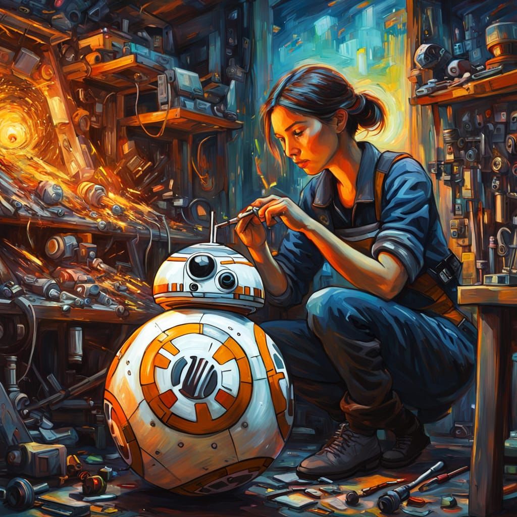 Cyborg Mechanic Repairs BB-8: Impressionist Painting