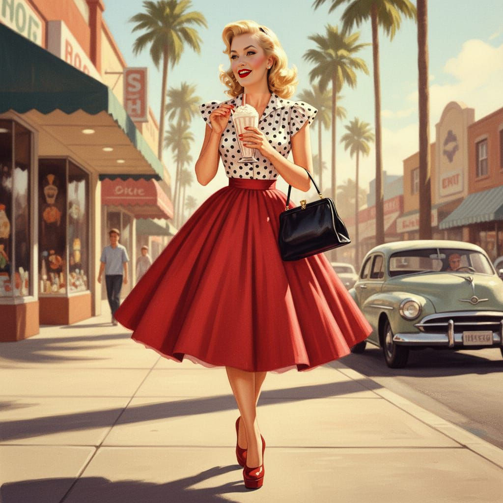 1950s Pinup Girl Struts in Red Skirt and Polka Dots