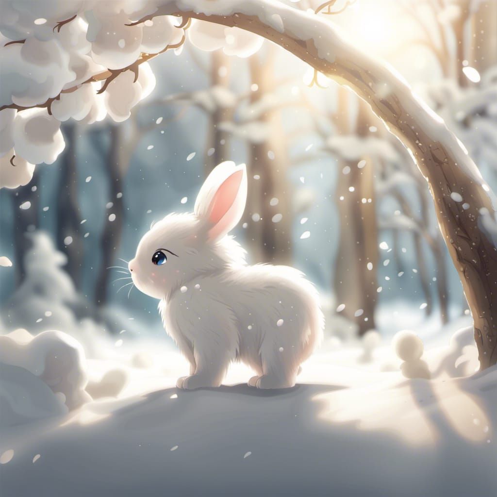 Cute White Bunny in Sunny Snowy Anime Forest
