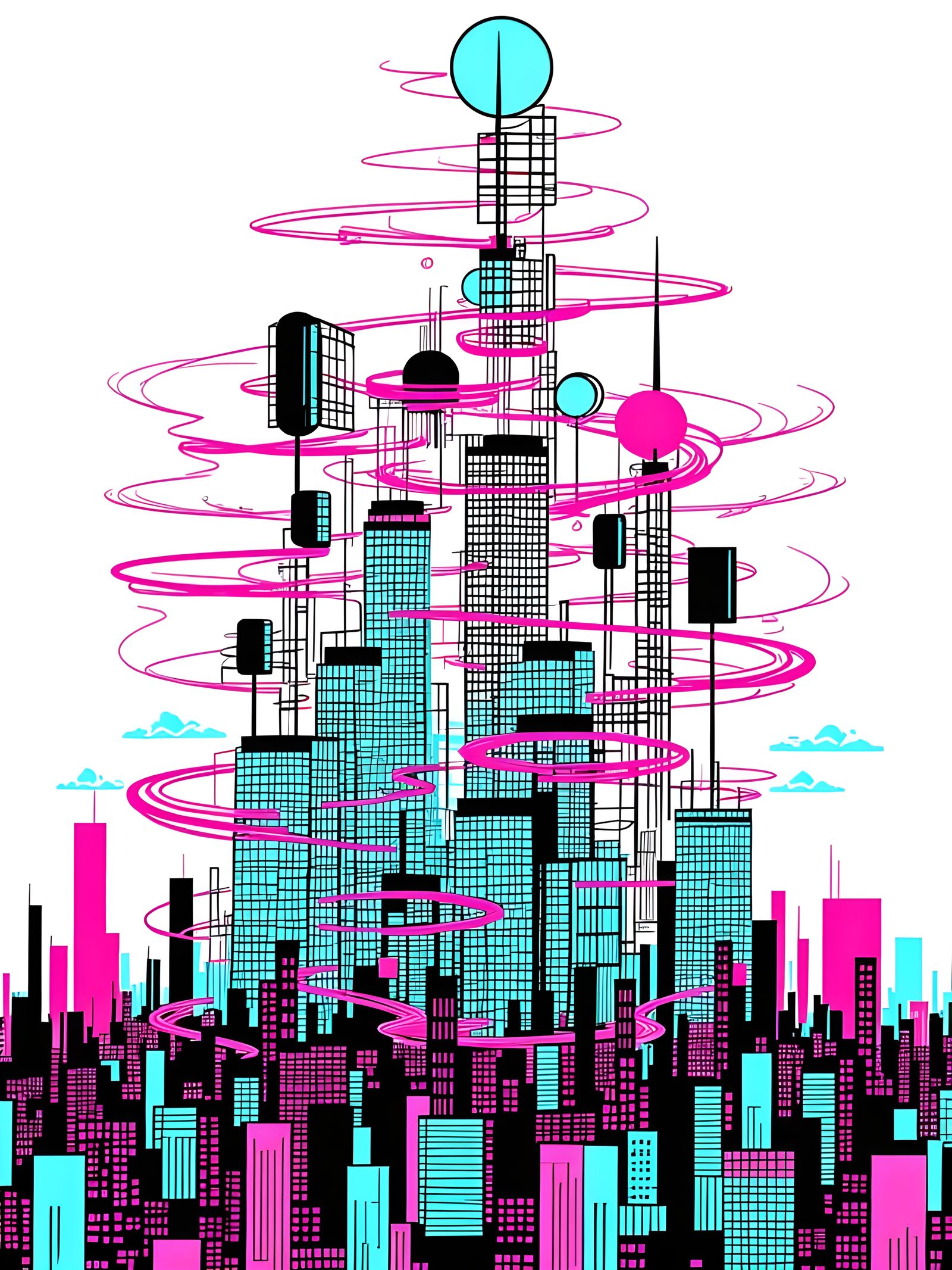 Cosmic Resort Cityscape with Funky Doodle Elements