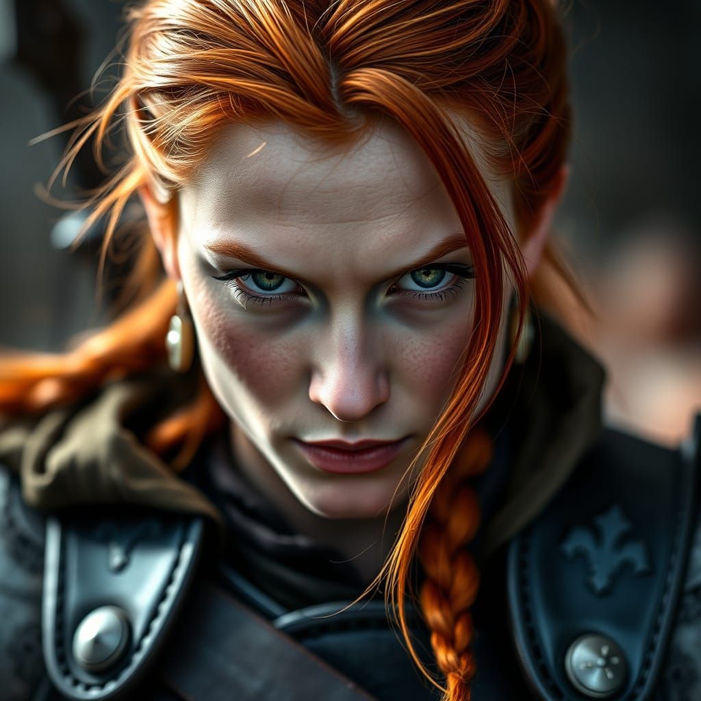 Fierce Redhead Warrior Portrait in Leather Armor