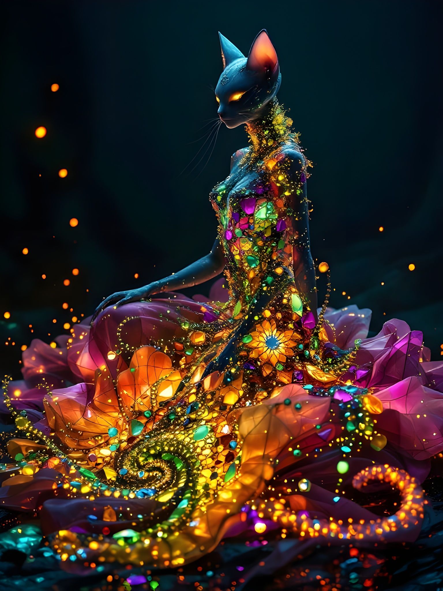 Alien Cat Woman in Stunning Fractal Stained Glass Dress