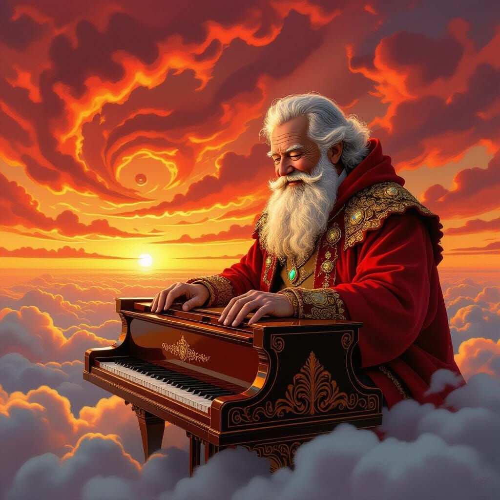 Red-Bearded Man Plays Piano on Cloud, Impasto Gouache Style