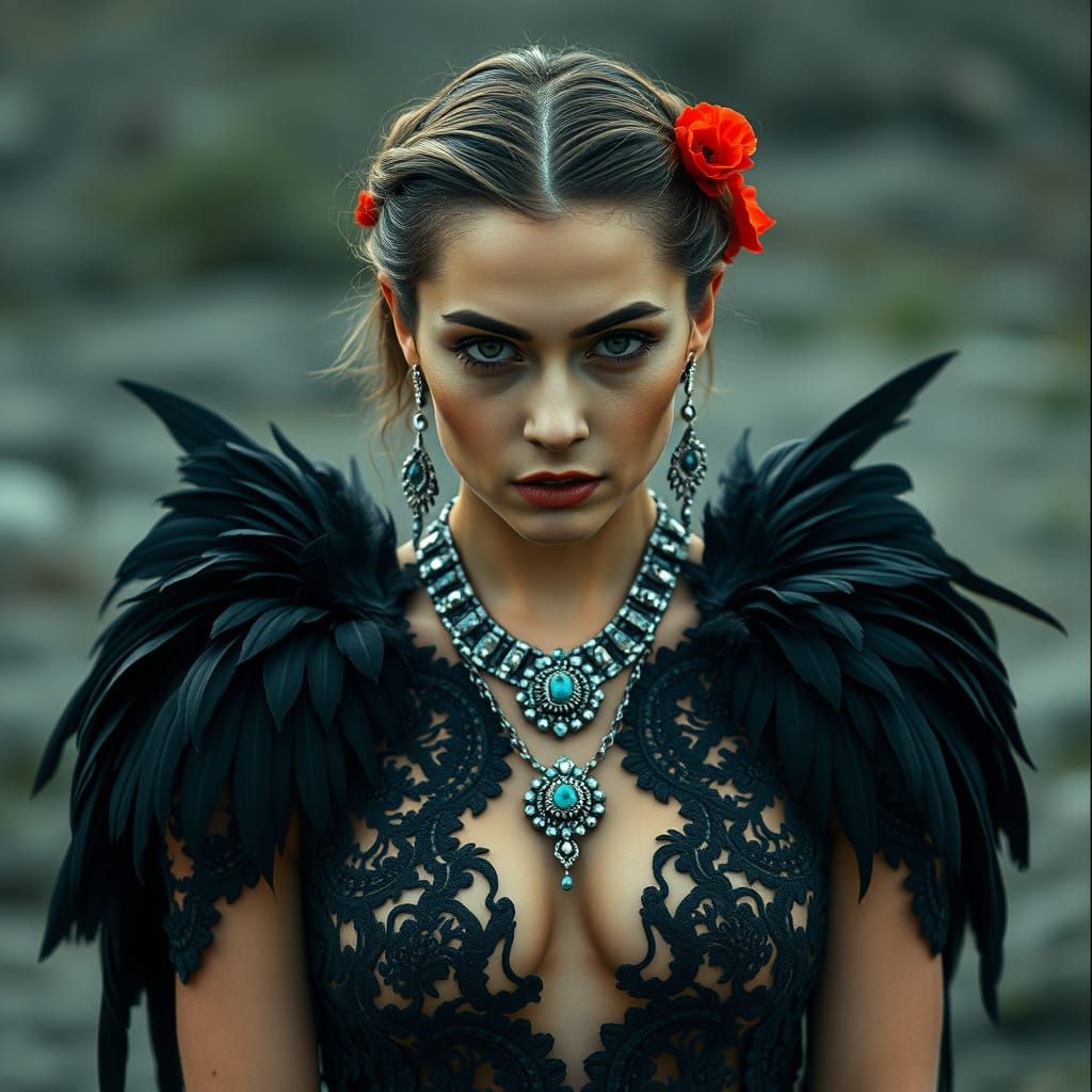 Dramatic Portrait of Woman with Feathers and Poppies