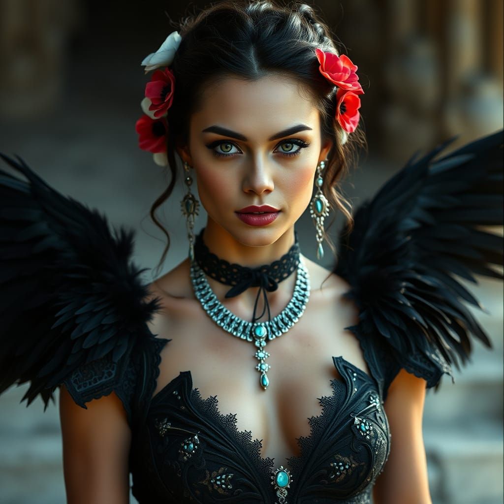Beautiful Woman with Poppies and Feathered Wings