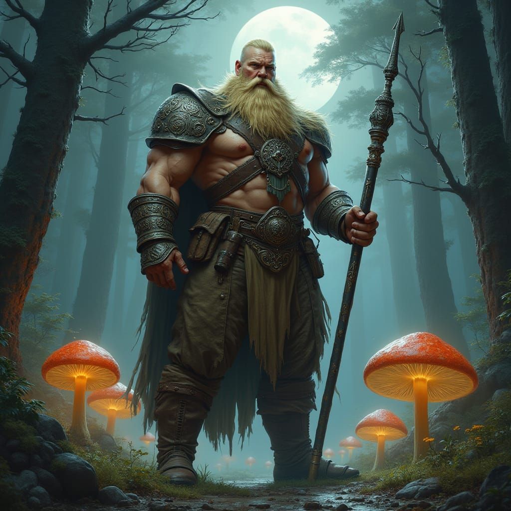Muscular Warrior with Glaive in Misty Forest