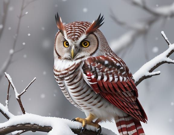 Magical Winter Cartoon Owl Perched on Snowy Branch