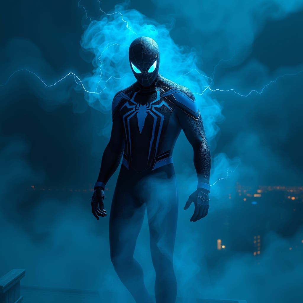 Spider-Man Emerge from Neon Haze in Deep Blue Suit