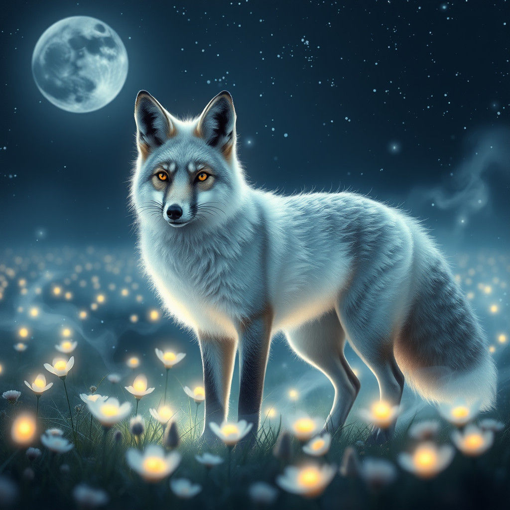 Ethereal Fox in Moonlit Meadow with Bioluminescent Flowers