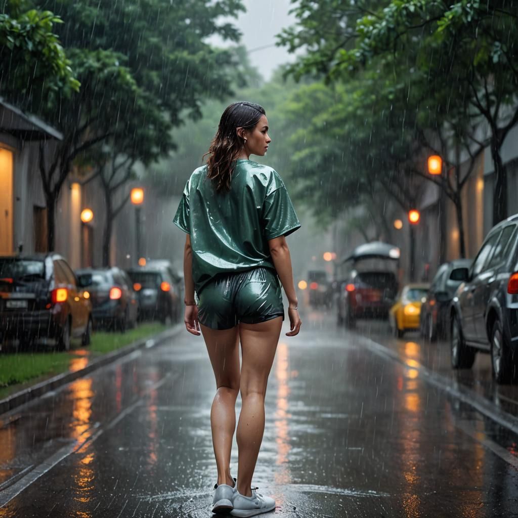 Girl in Wet Clothes Walking in Rain: Digital Art