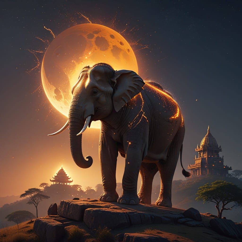 Moonlit Elephant and Temple Concept Art