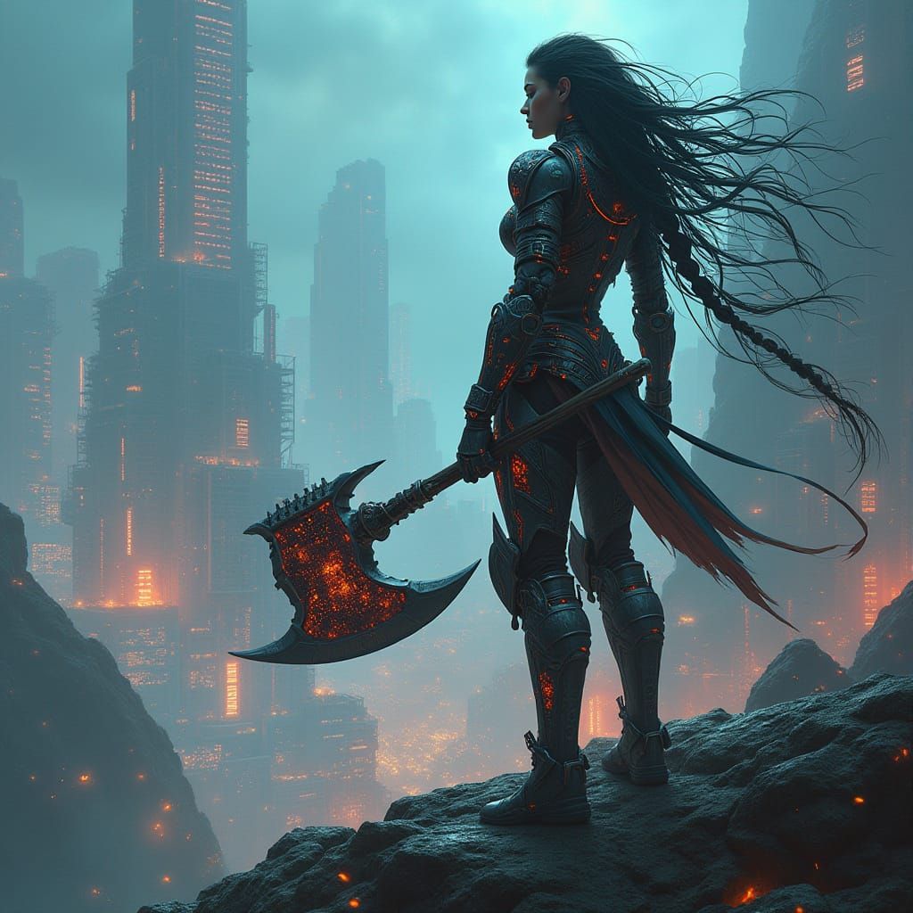 Cyberpunk Warrior Queen Overlooks Neon City