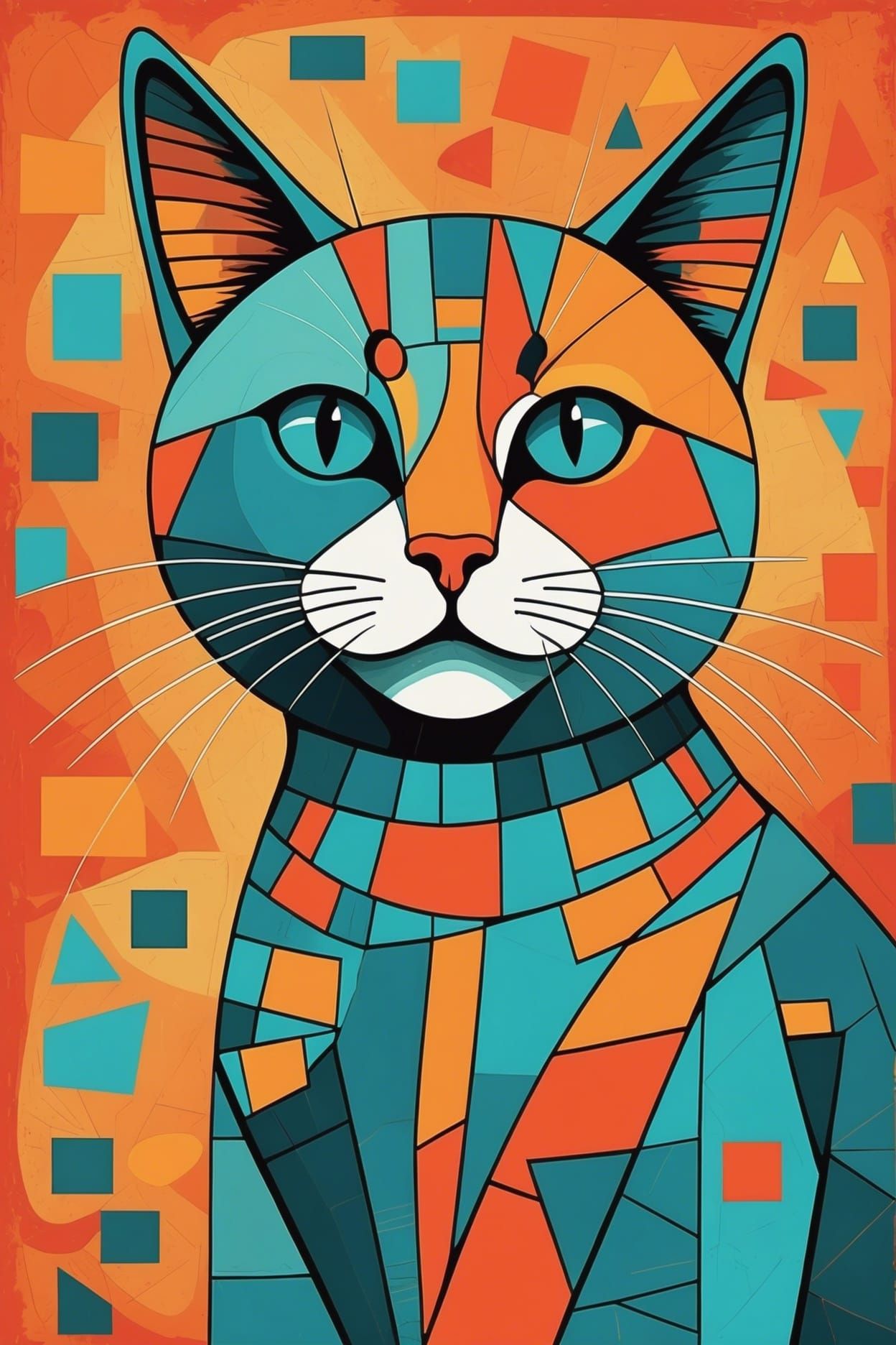 Cubist Cat with Orange and Teal Gradient in Art Brut Style