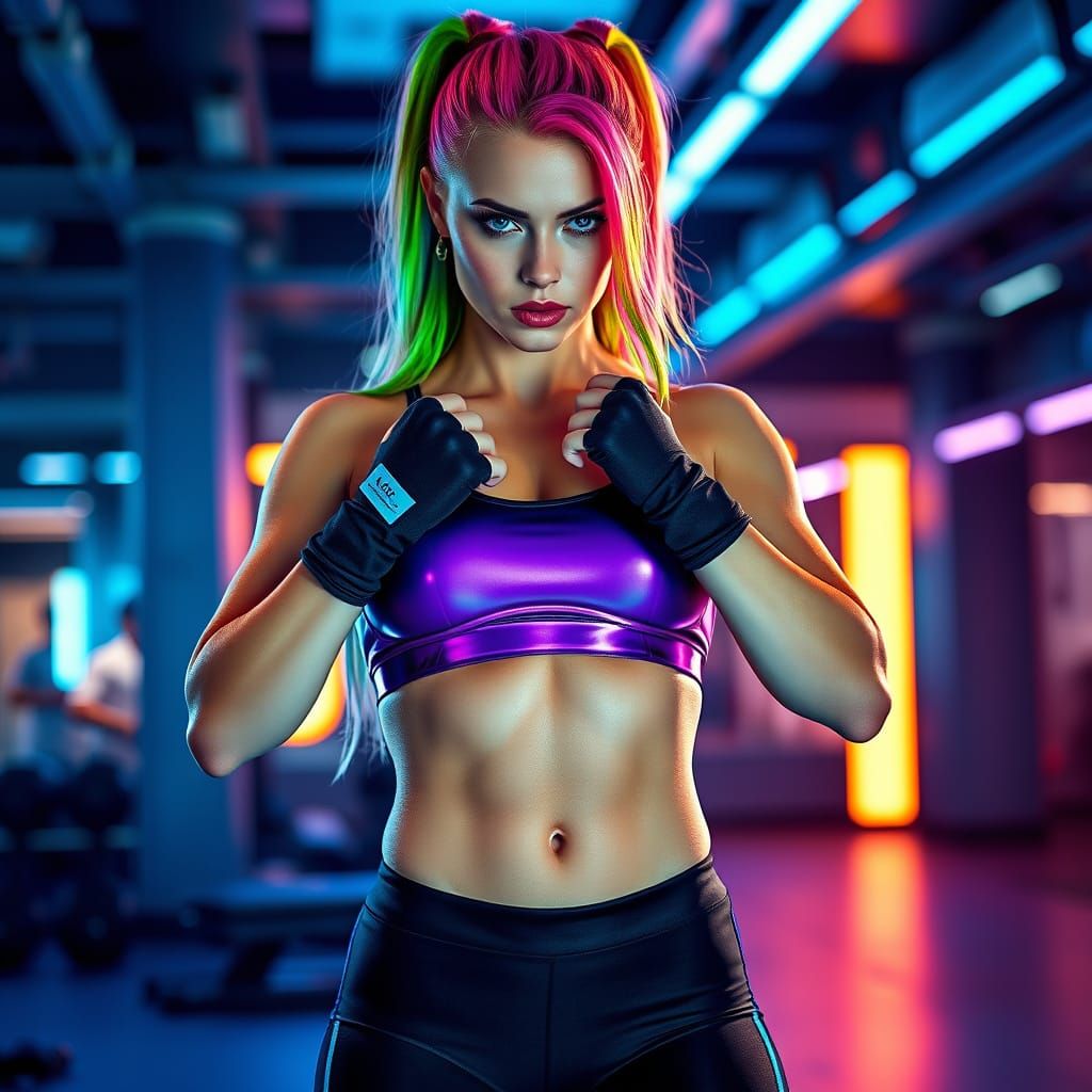 Fitness Queen in Neon-Lit Gym with Rainbow Hair and Holograp...