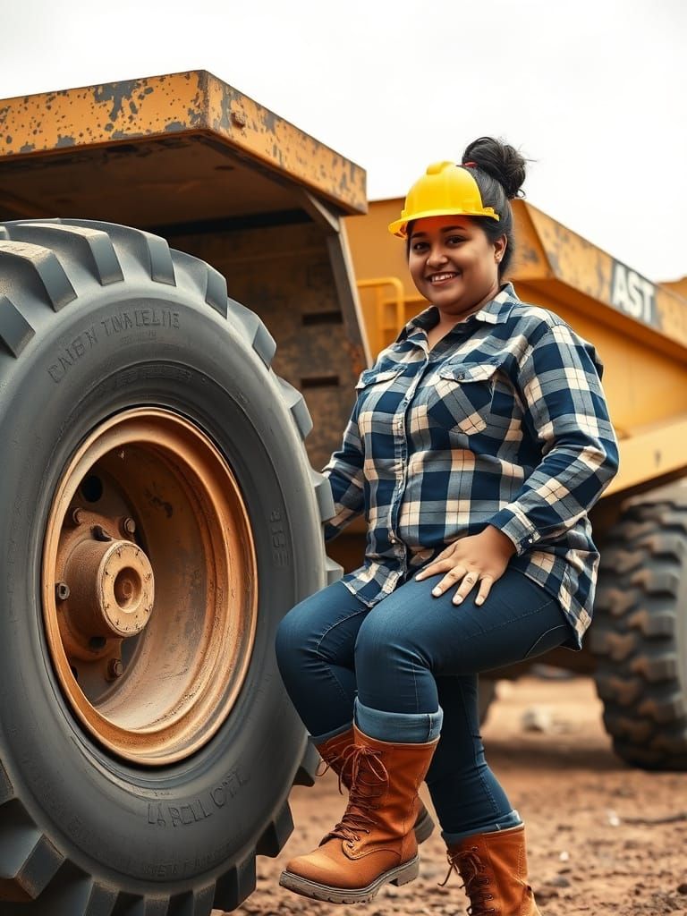 Egyptian Woman Mechanic Repairing Tire in Oil Paint Style
