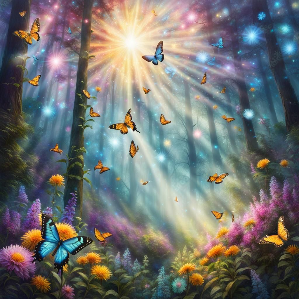 Ethereal Forest Scene with Butterflies in Sunlight