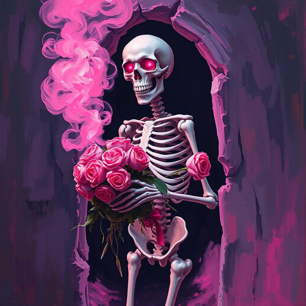 Pink Skeleton Emerges from Crypt: Expressionist Oil Painting