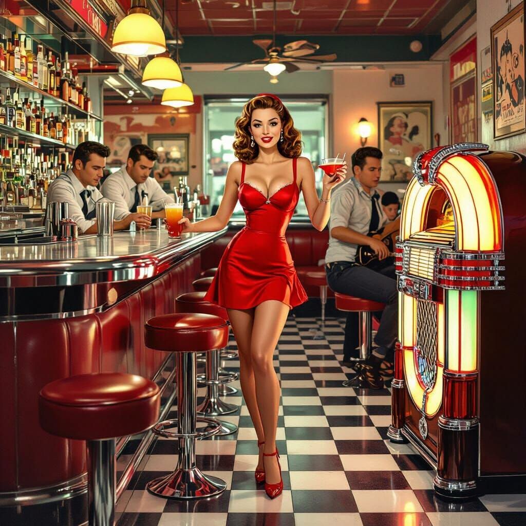 Envision a retro bar scene, complete with tiled floors, chro...