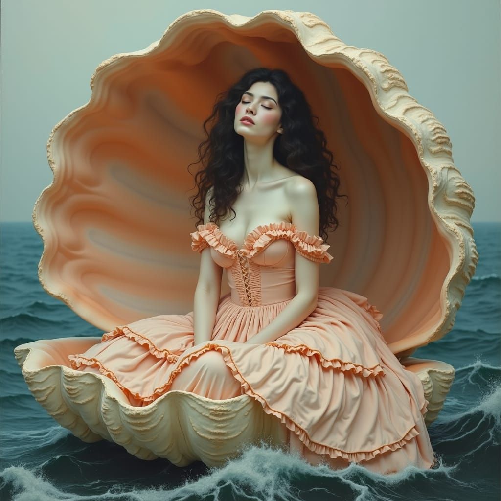 Ethereal Woman in Seashell on Stormy Sea