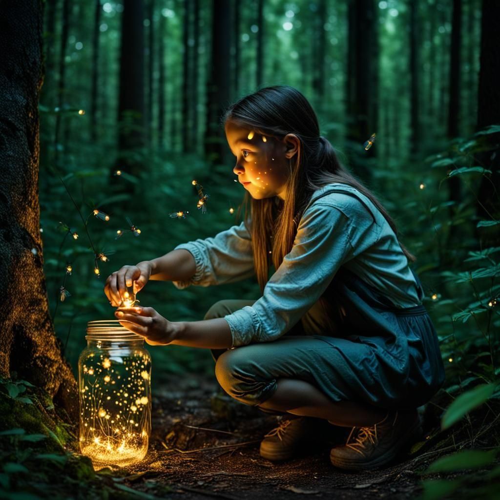 Girl Catches Fireflies in Forest