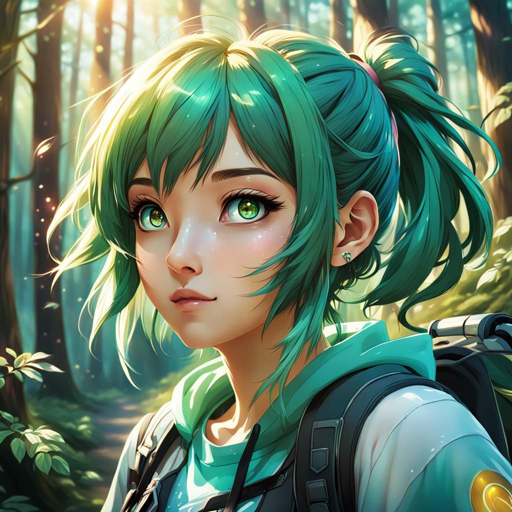 Anime Gamer Girl in Magical Forest Scene