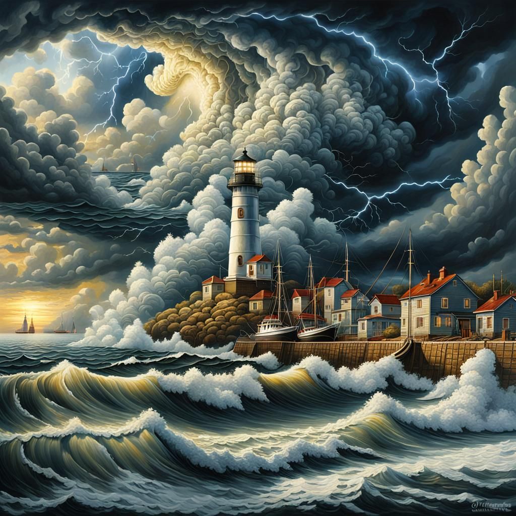 Dramatic Coastal Storm with Lighthouse in Golden Light