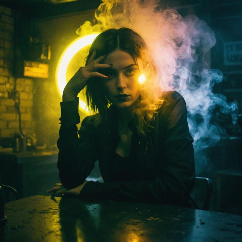 Goth Model in Smoky Neon Lit Coffee Shop