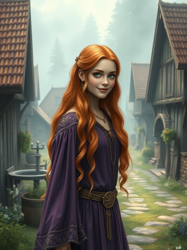 Viking Fantasy Maiden in Ethereal Village Scene