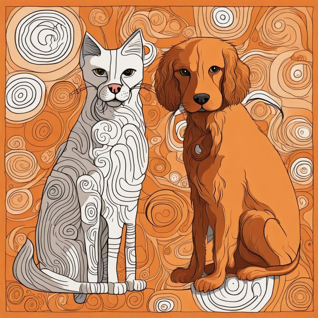 Abstract Art: Orange Cat and Golden Doodle Dog