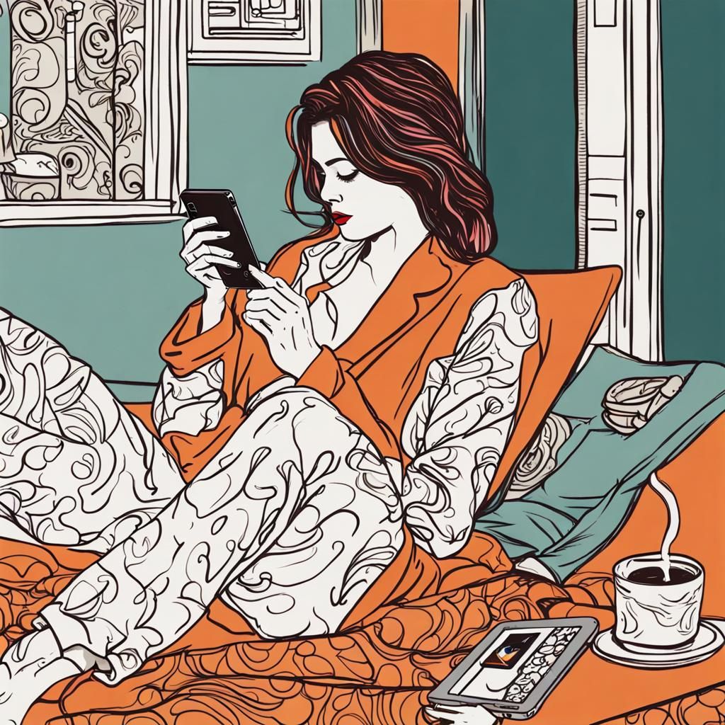 Abstract Woman Reading in Pajamas with Wine
