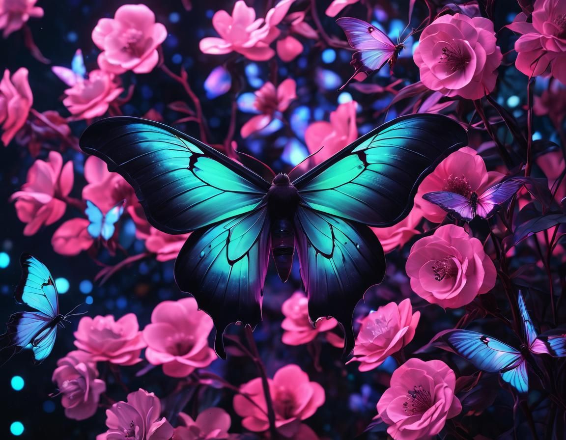 Holographic Luna Moth in Neon Anime Style