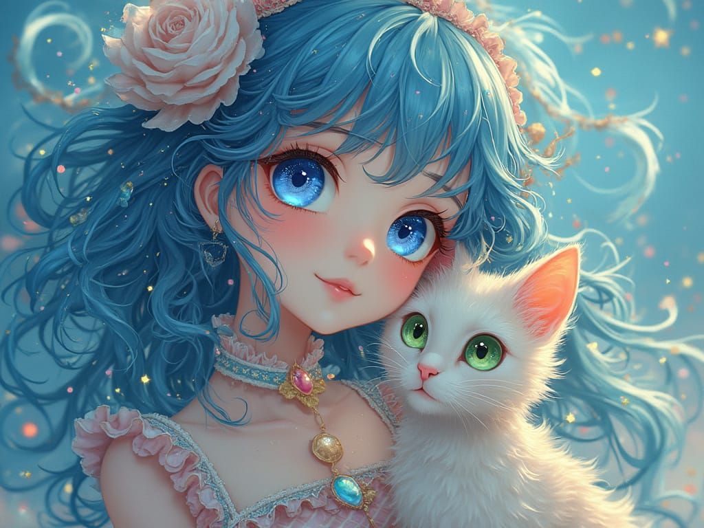 Whimsical Anime Lady in Pastel Dreamscape with Shimmering Bl...