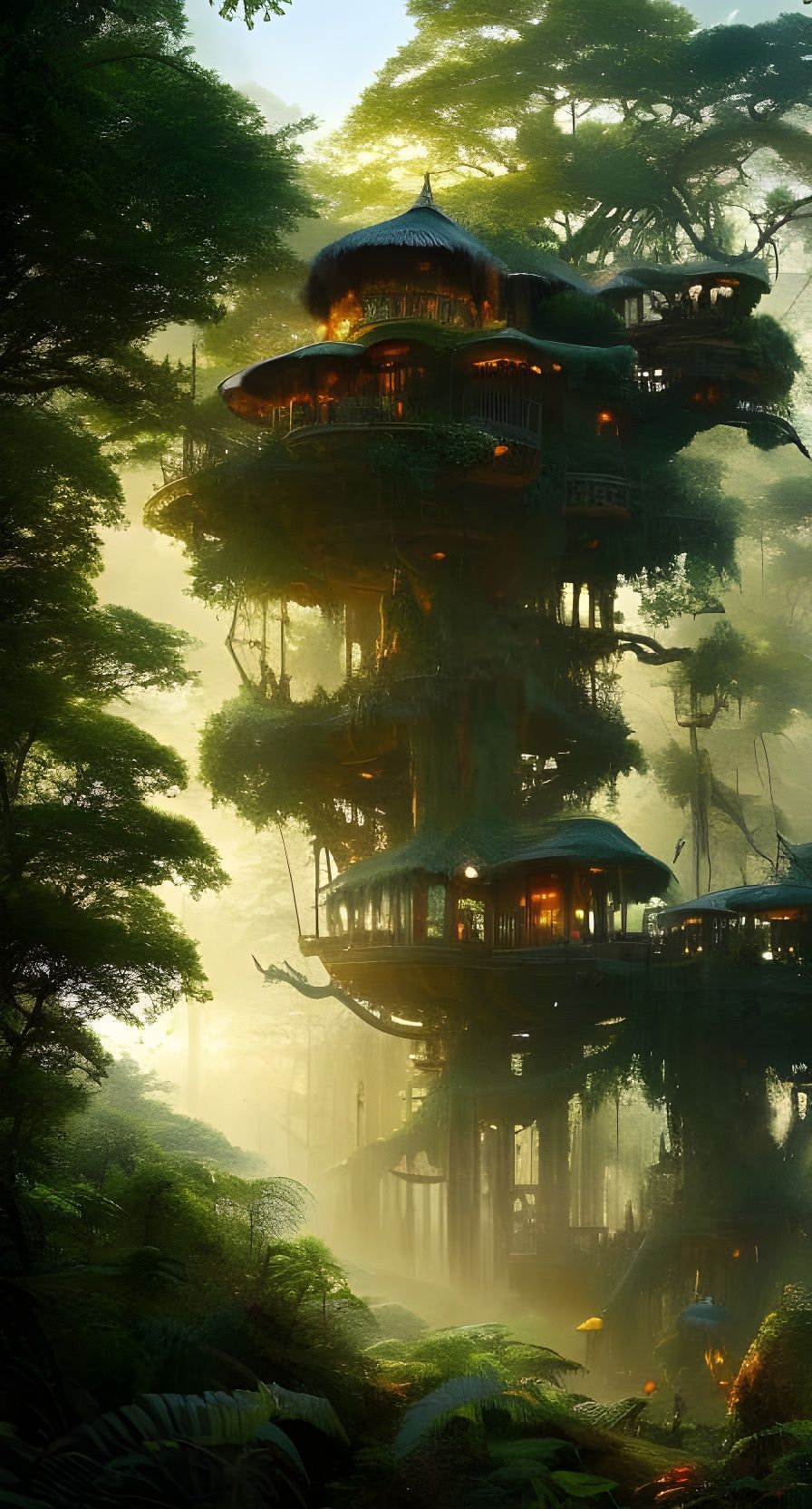 Elven Treehouse in Jungle at Sunset: Digital Art