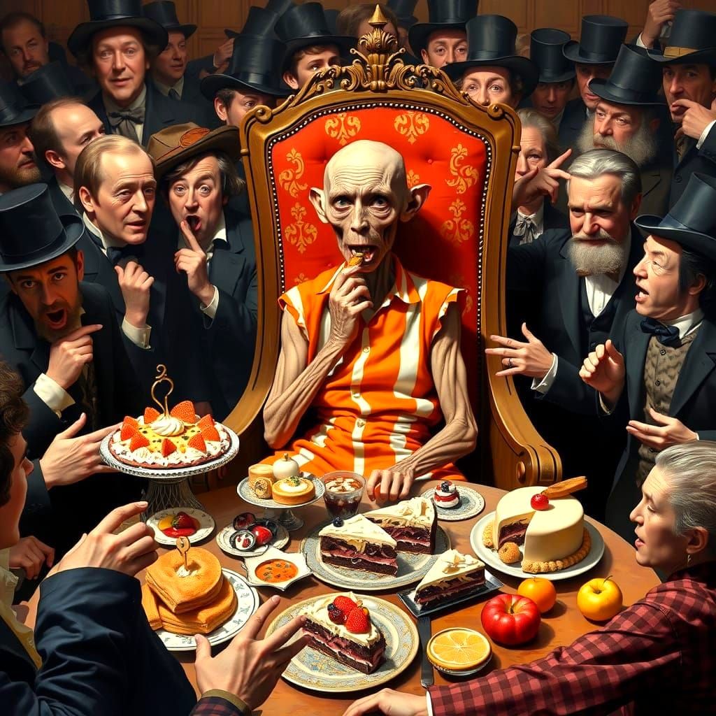 A Corpulent Figure Feasts Amidst a Crowd of Onlookers in a B...