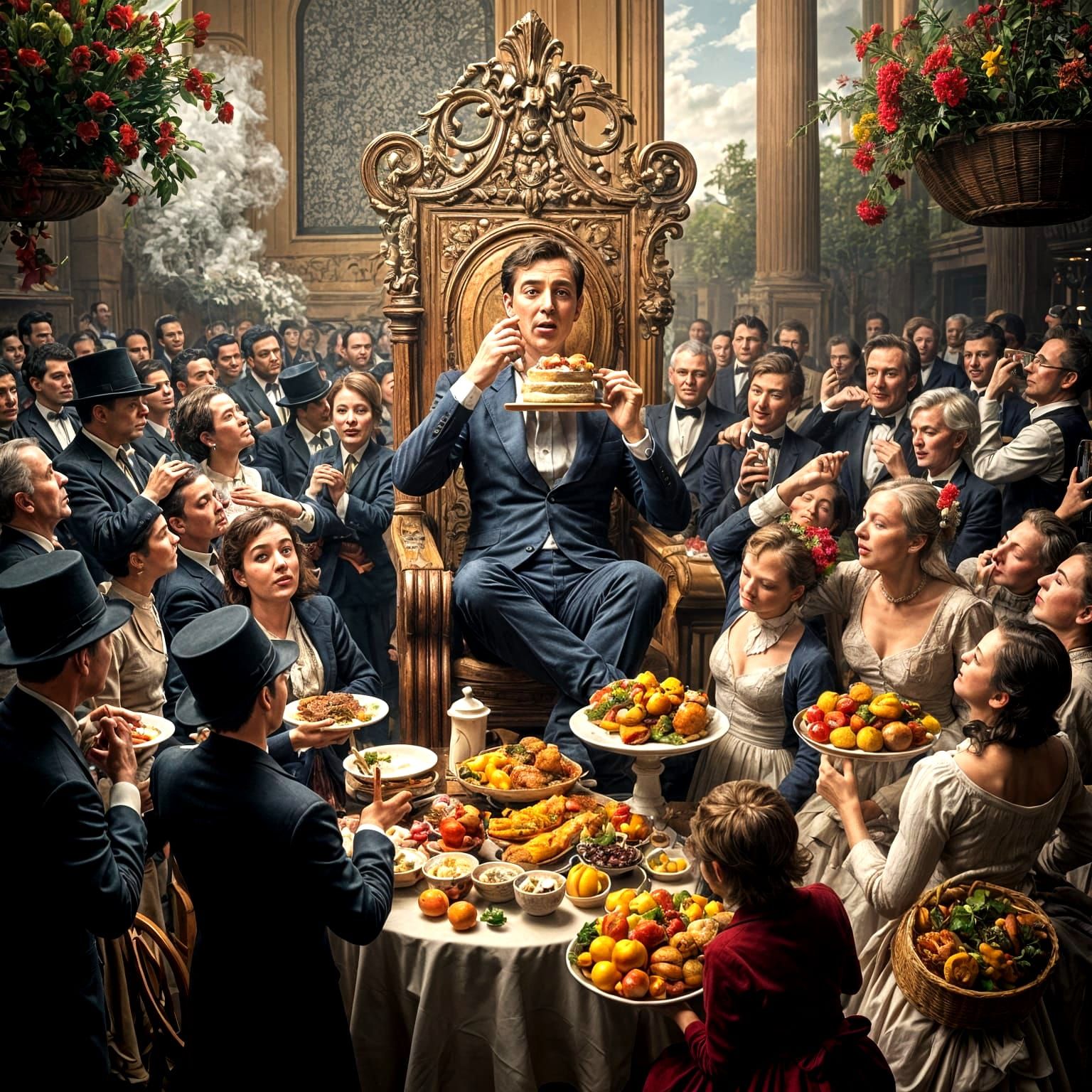 A Corpulent Figure Feasts Amidst a Crowd of Onlookers in a B...