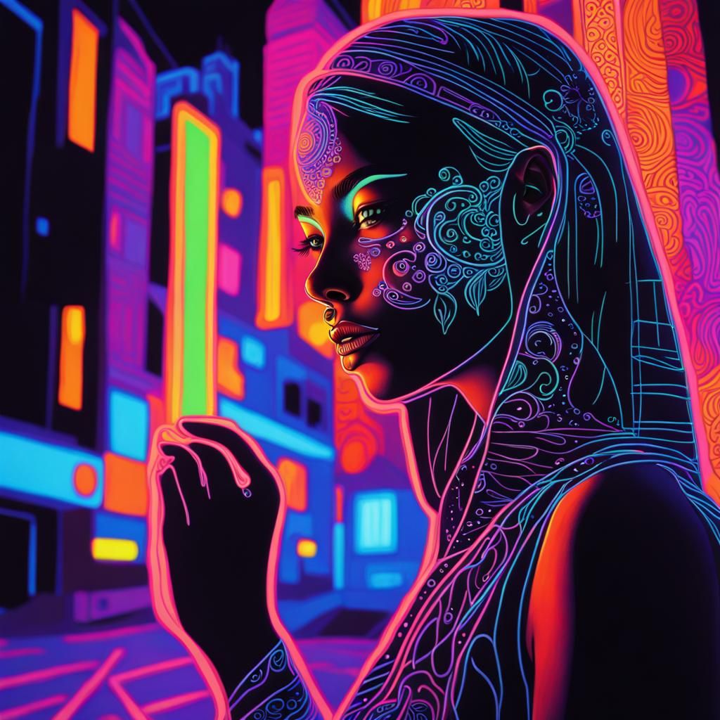 Neon Girl in City: Black Light Synthwave Painting