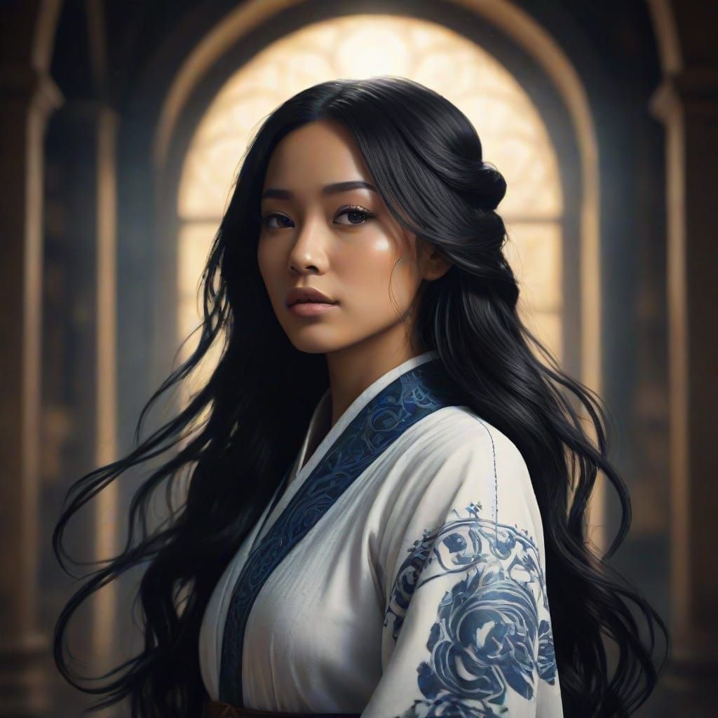 Young Nun Monk Warrior in Soft, White Habit, Lit by Golden L...