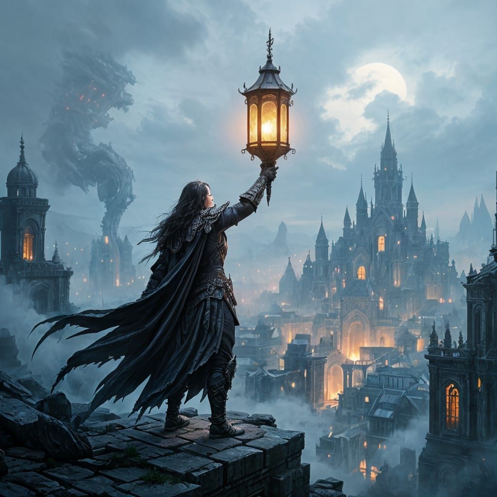 Dragon Hybrid Warrior in Dystopian Cityscape