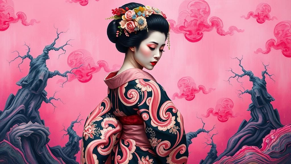 Geisha in Surreal Pink Landscape, Automatism Style